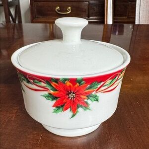 Sunflower Poinsettia Christmas Holiday China Sugar Bowl with Lid